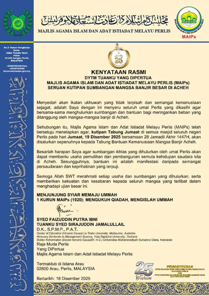 Banjir Aceh Perlis Salur Bantuan Kemanusiaan Menerusi Kutipan Tabung Jumaat